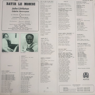 John Littleton, Odette Vercruysse ‎– Bâtir Le Monde (33t) VinyleJohn Littleton, Odette Vercruysse ‎– Bâtir Le Monde (33t) Vinyle